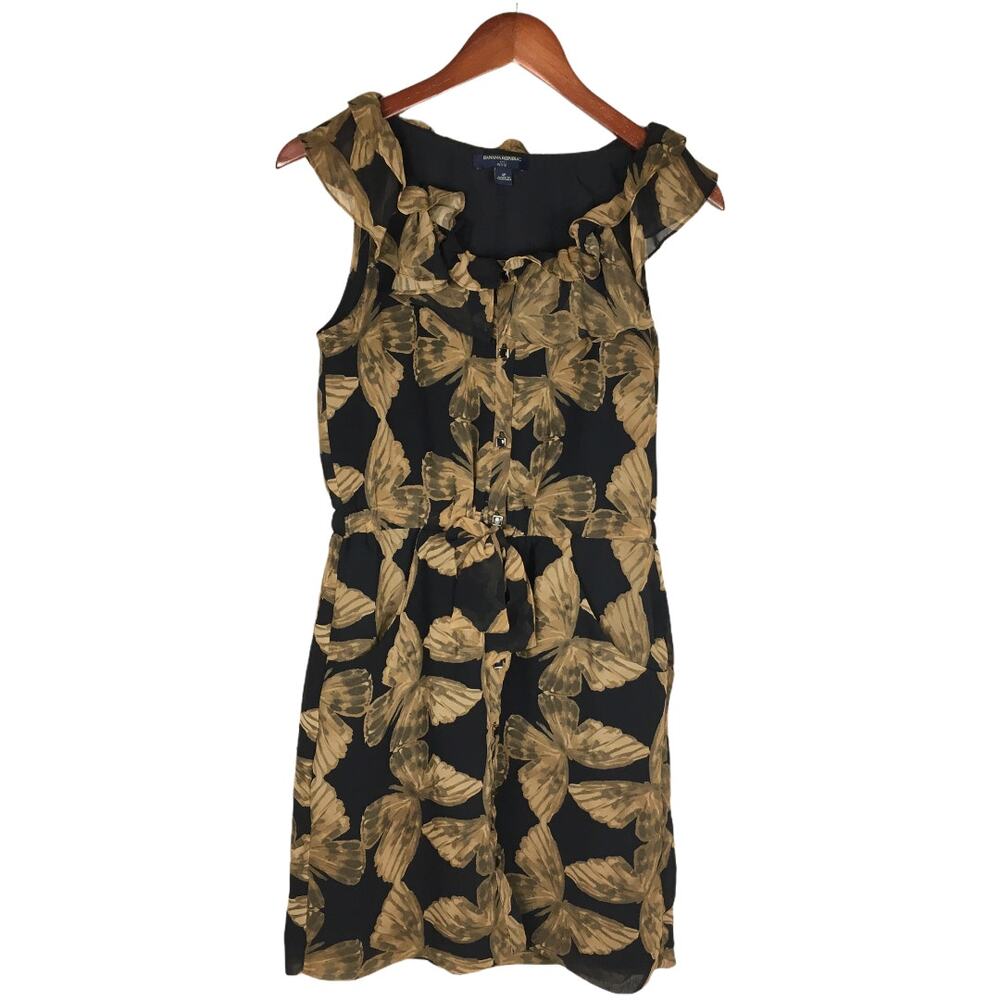 Banana Republic Dress Butterfly Ruffle Black Brown Sleeveless 4P Petite‎ Women's